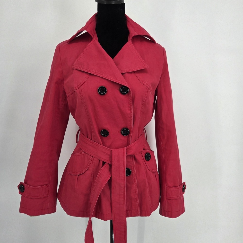 Vtg 90s Max Mara Red Belted Trench Coat Medium Black Buttons Double Breasted